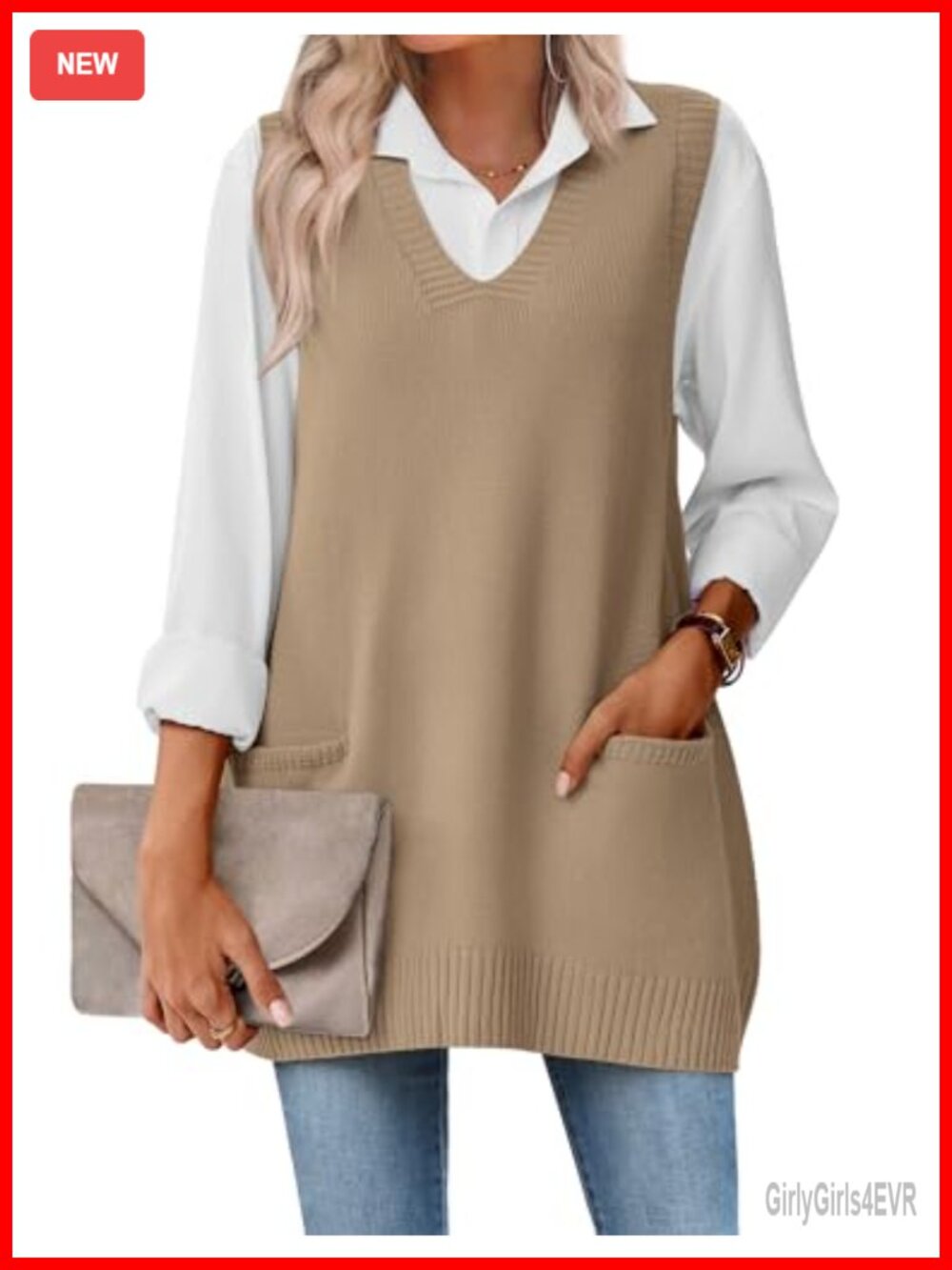 Zeagoo Oversized Sleeveless V Neck Sweater Vest with Pockets Knitted Fall